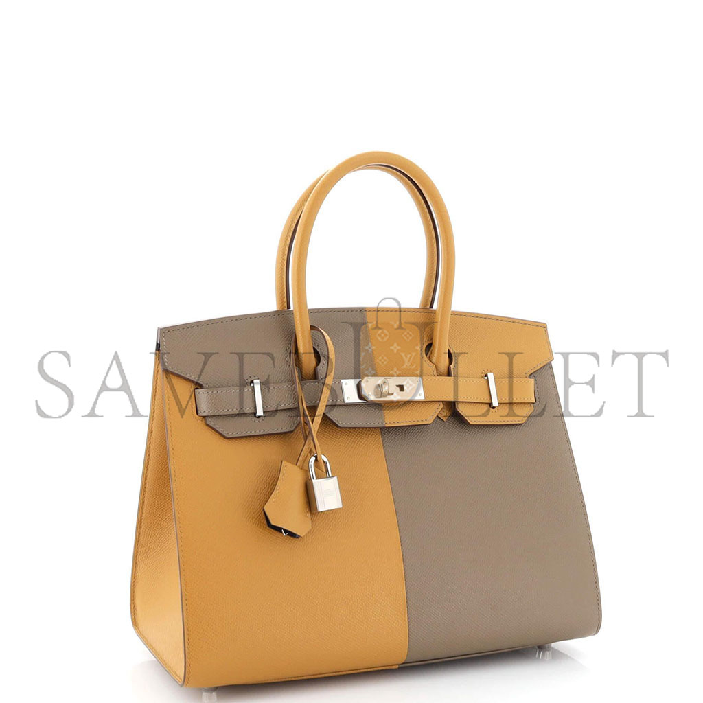 H**mes master birkin 25 epsom elephant grey and sesame with florida blue interior silver buckles h028367cc03 (25*18*13cm)